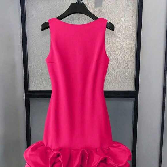 Hot Pink Casual Women's Round Neck Sleeveless Puff Hem Short Dress - Picture 2 of 5